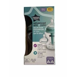 Tommee Tippee Advanced Anti Colic 0m+ Slow Flow 3m+ Med Flow 1 Bottle 2 Nipples